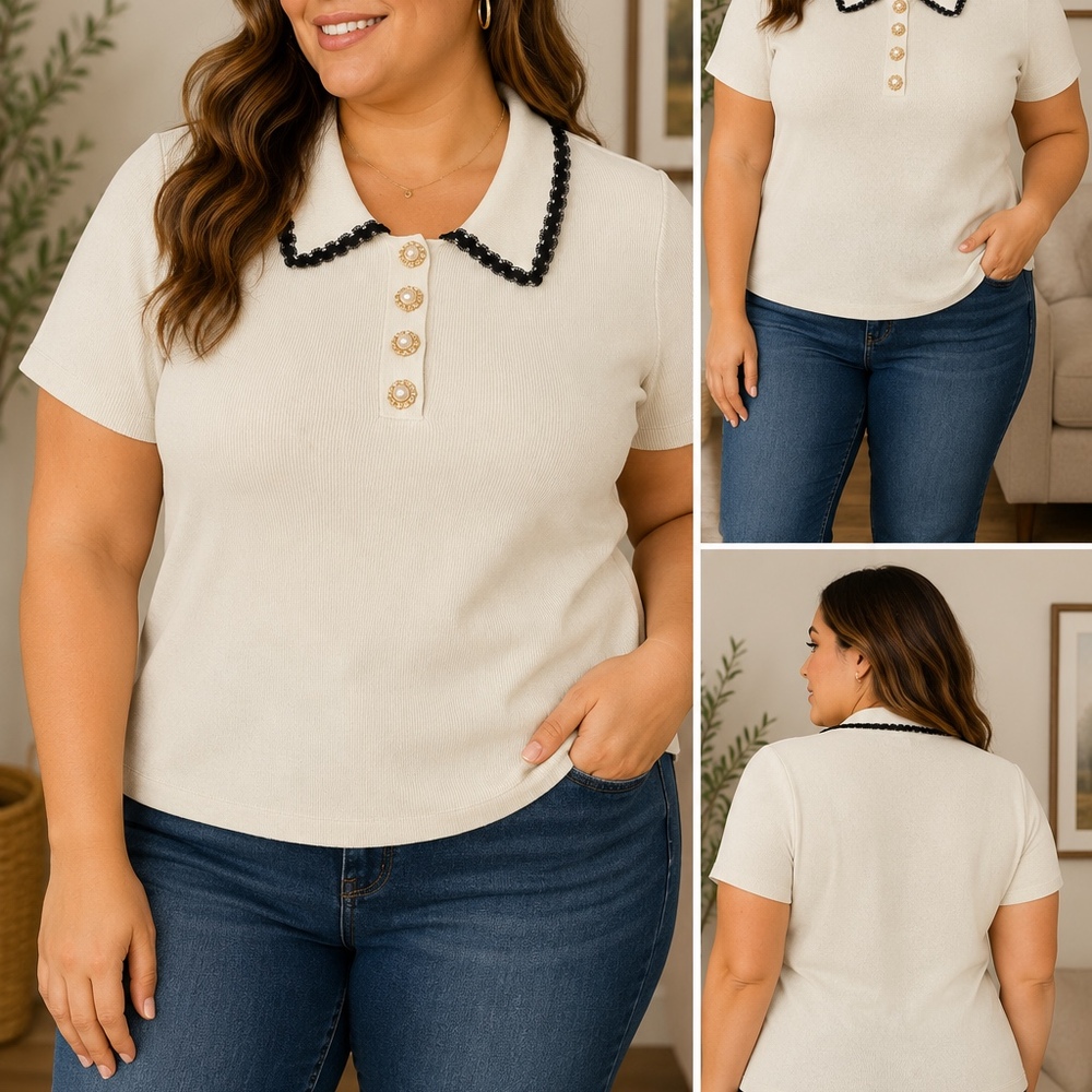 Alice Blue Cream Knit Collared Top | Pearl Button Detail | Women’s Large